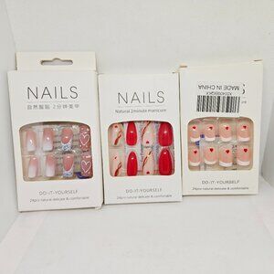 3 BOXES NATURAL PRESS ON NAILS PINK & RED HEARTS VALENTINE'S DAY NIB 72 TOTAL